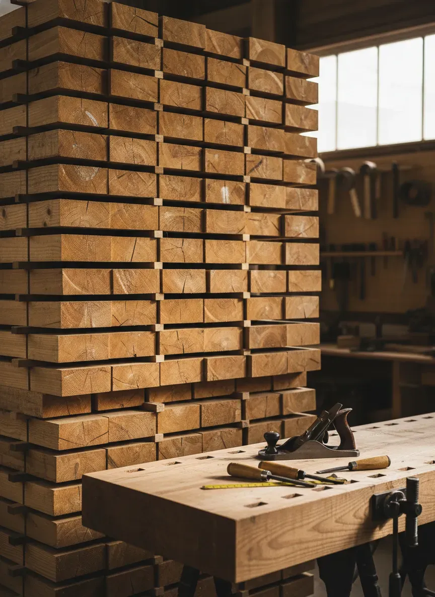 Massive Southern Yellow Pine lumber stacks ready for milling into a Roubo workbench top