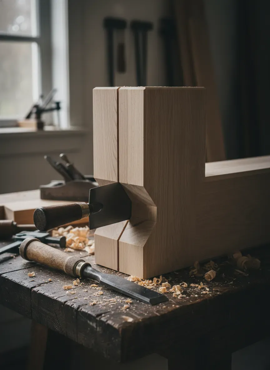 Cutting massive through-tenons on workbench legs using a dovetail saw and chisel