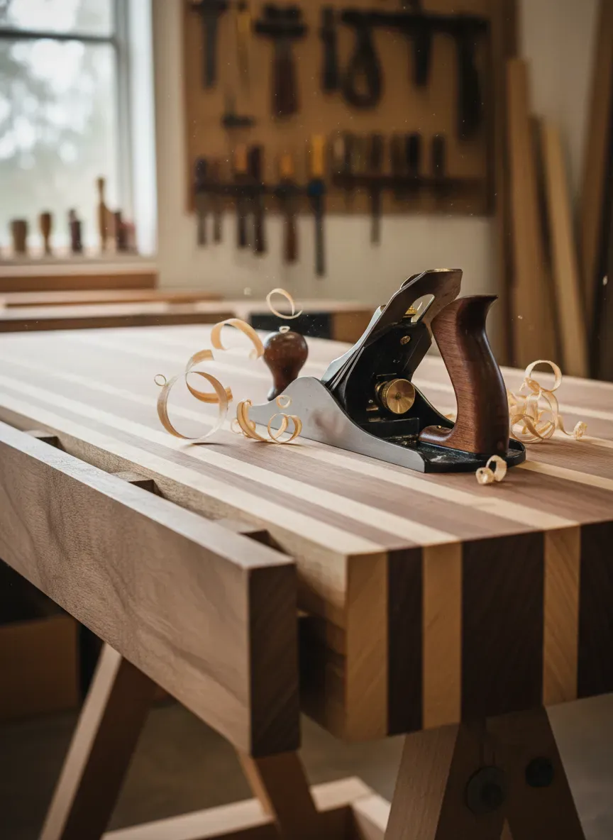 Flattening a massive laminated workbench top with a No. 7 jointer hand plane