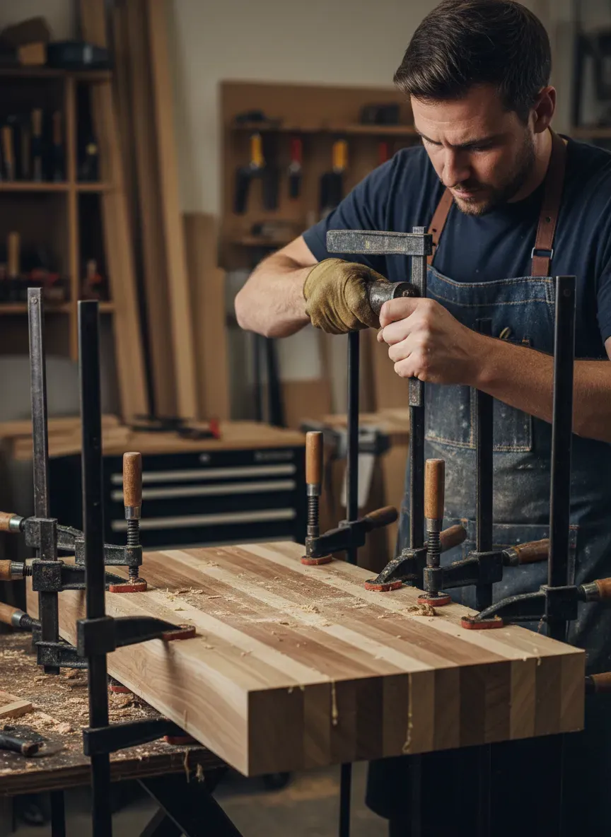 Heavy clamping during the butcher block bench glue-up