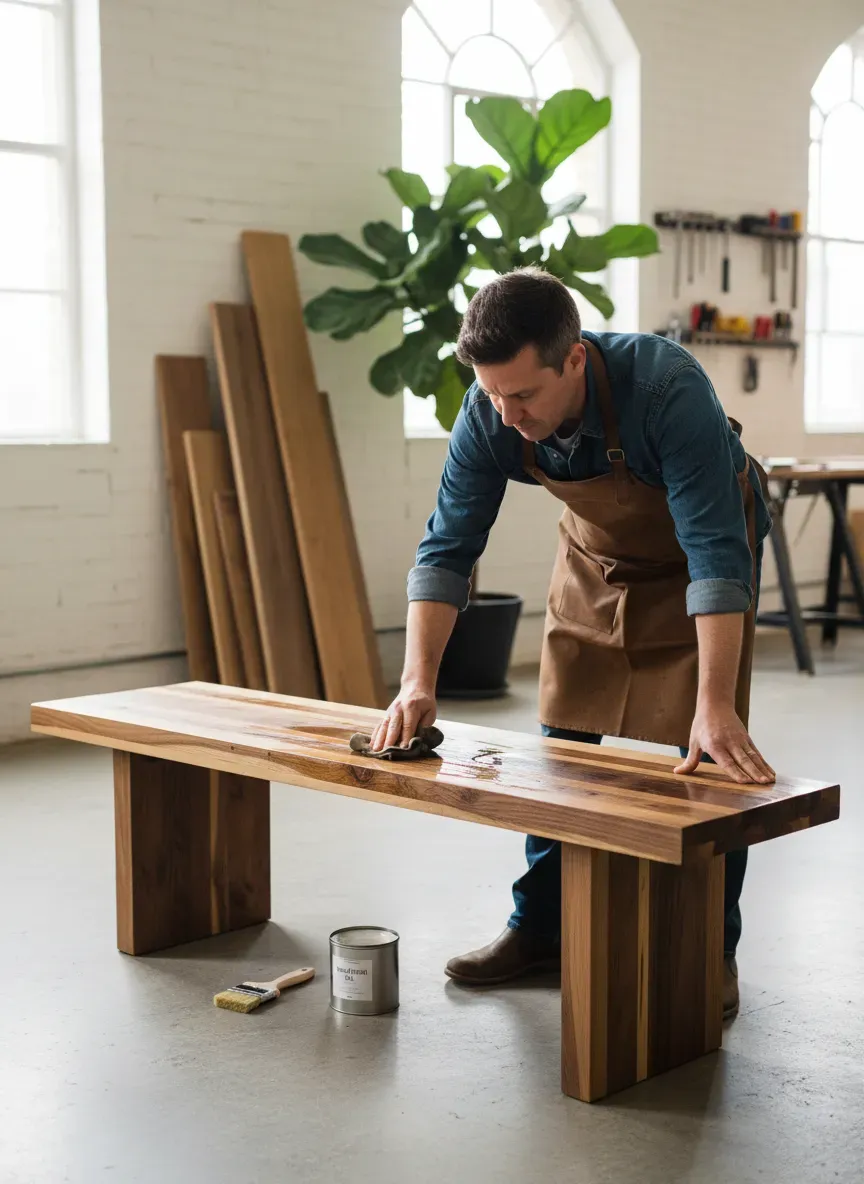 Applying oil finish to a multi-species scrap wood bench