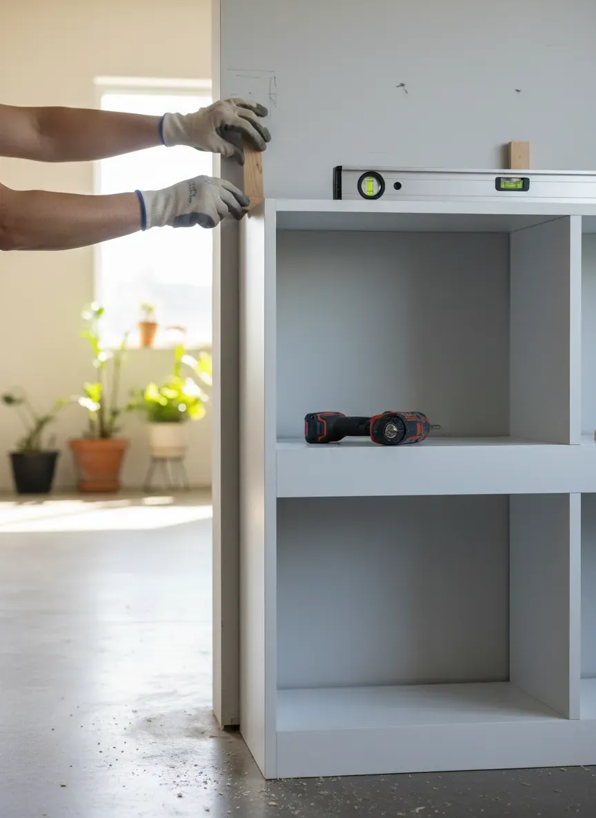 A partially assembled white bookcase being secured to a wall with shims