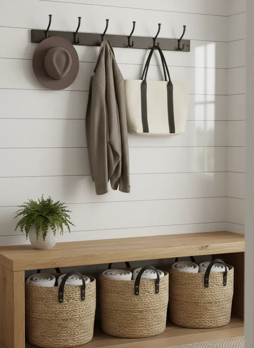 A fully styled mudroom bench featuring woven baskets, a solid wood top, and a wall-mounted hook rail