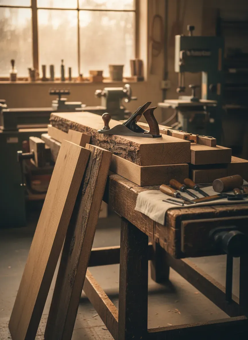 Rough sawn lumber staged in a woodworking shop, ready to be milled by hand into a workbench frame