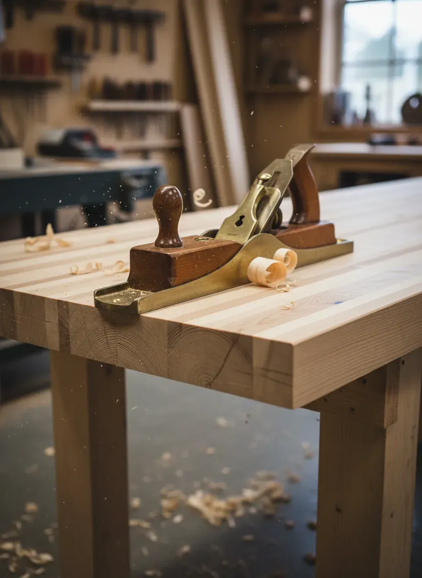 A woodworker using a long jointer plane to flatten a massive glued-up pine workbench top
