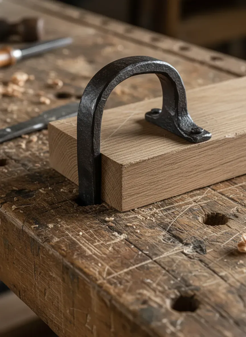 Close up of a forged iron holdfast securing a piece of oak to a heavily used, dented wooden workbench