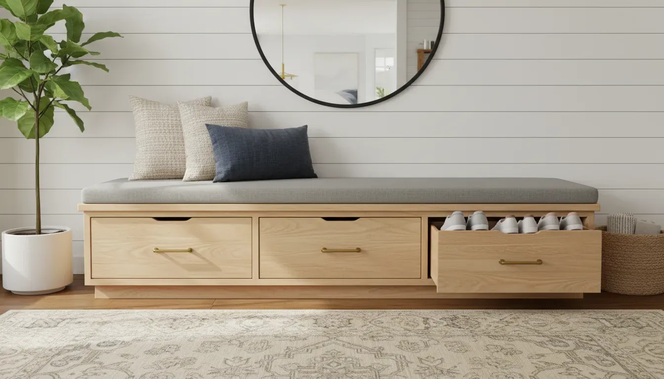 Entryway built-in bench with shoe storage drawers