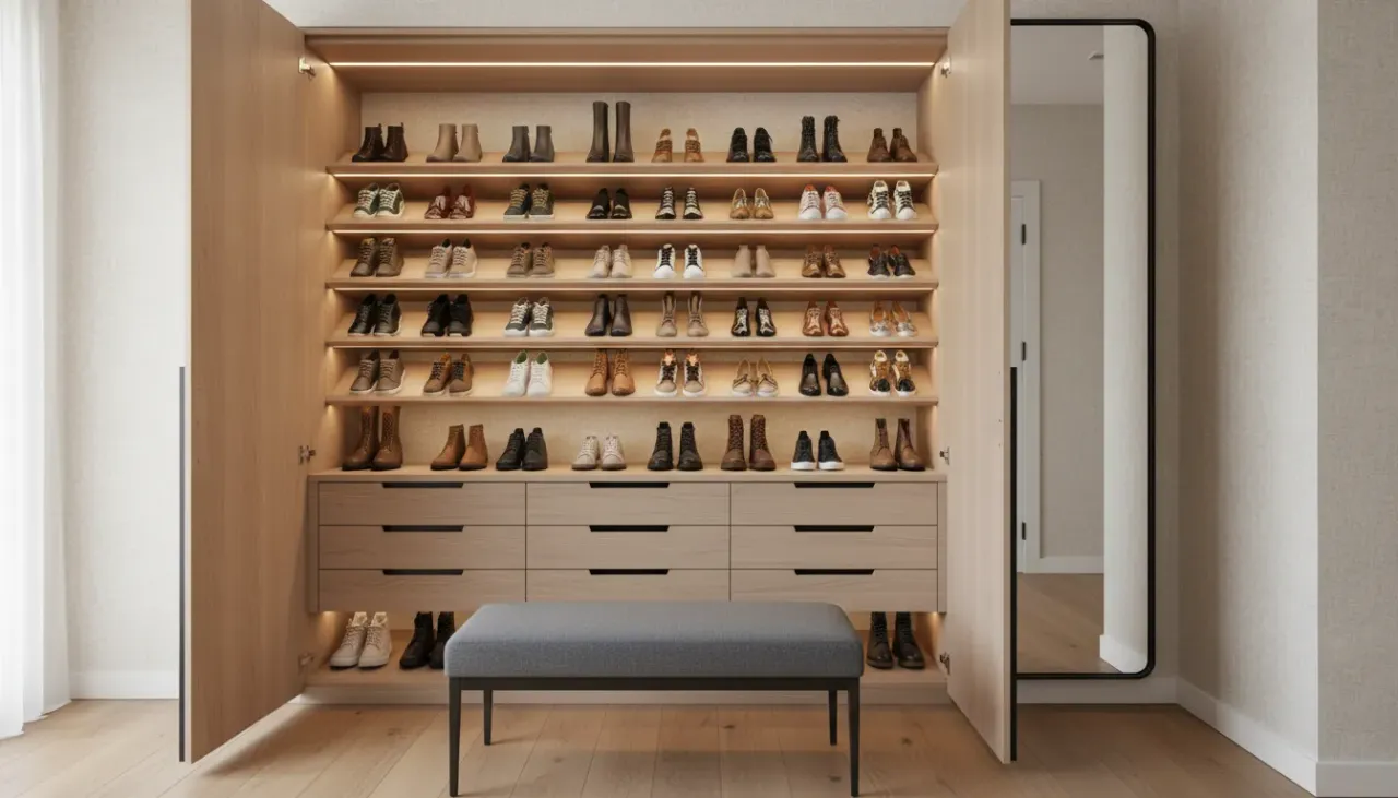 A luxurious entryway closet featuring custom white built-in shelving with neatly organized shoes and recessed lighting.