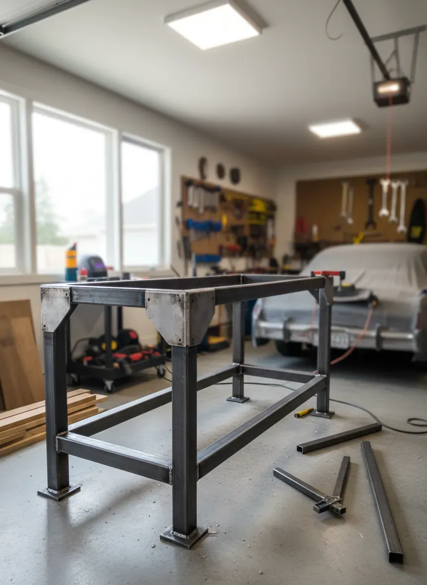 Heavy-duty custom workbench frame taking shape in a brightly lit residential garage
