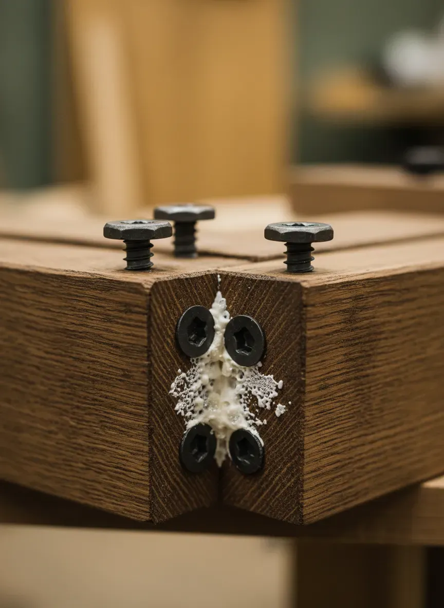 Detailed close-up of a half-lap joint secured with heavy-duty structural screws and wood glue
