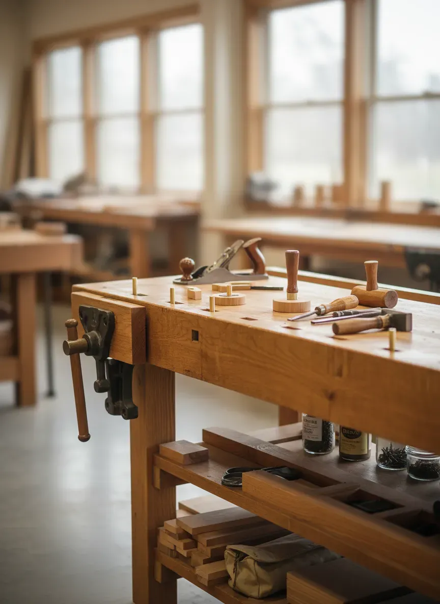 A fully equipped woodworking bench featuring a heavy front vise, bench dogs, and bottom shelving