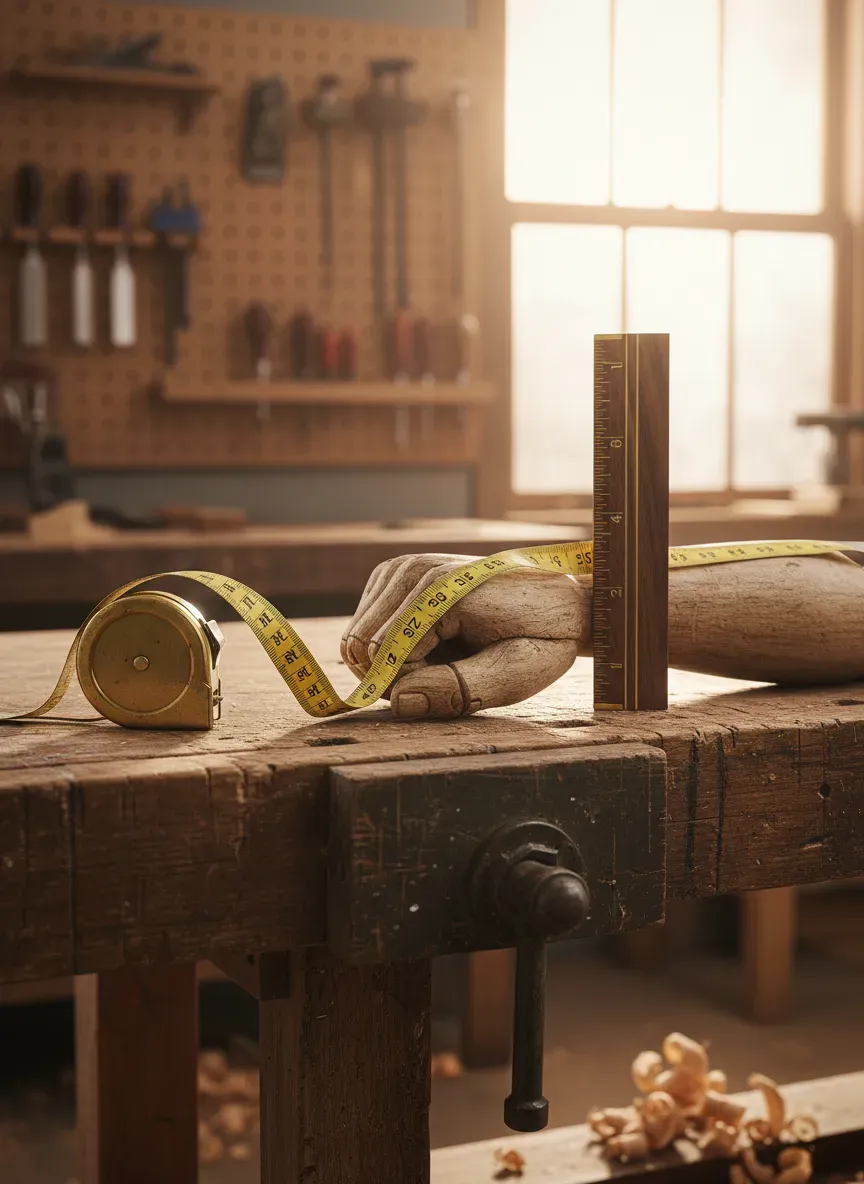 Woodworker measuring workbench height against their wrist crease