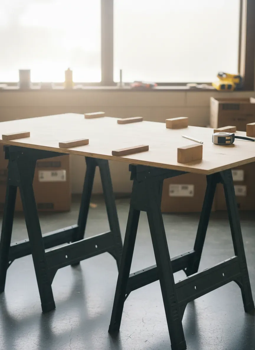 Temporary workbench setup using adjustable sawhorses and plywood shims