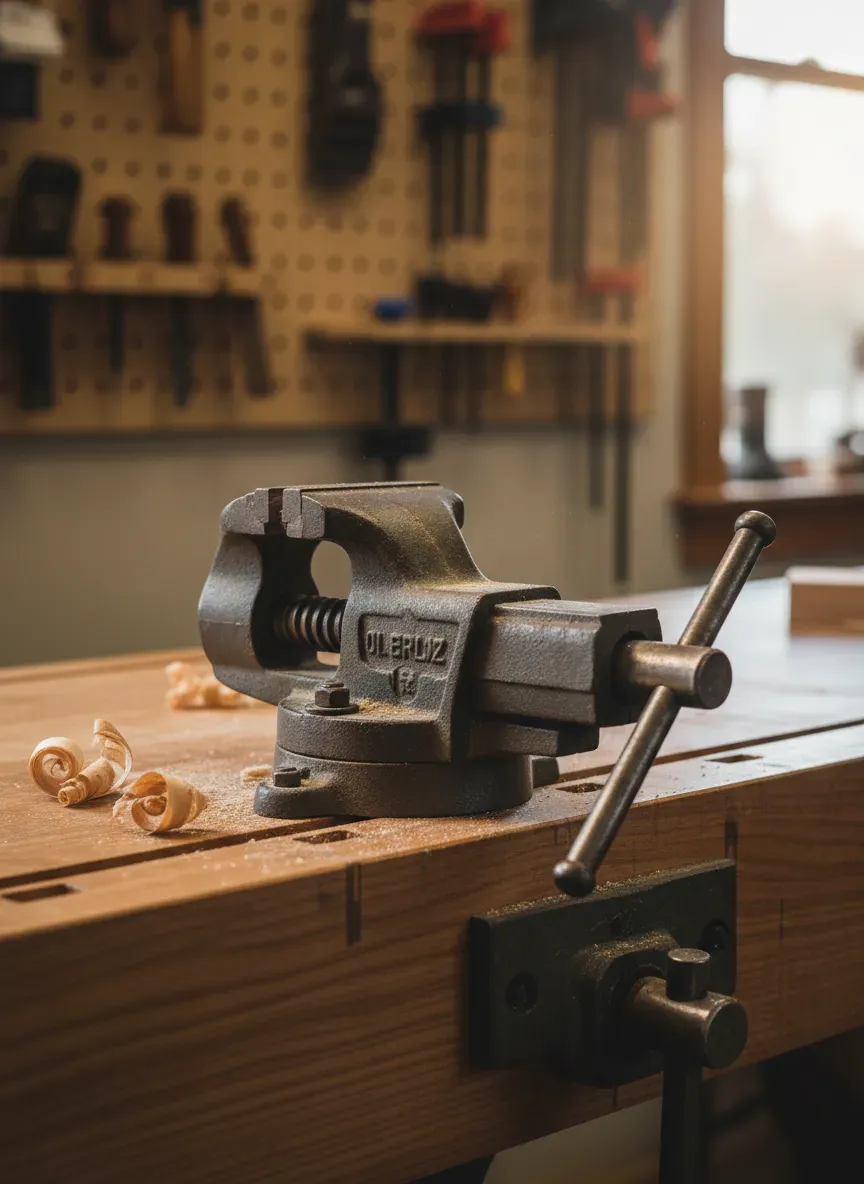 Close up of heavy duty woodworking vise mounted to a thick maple benchtop