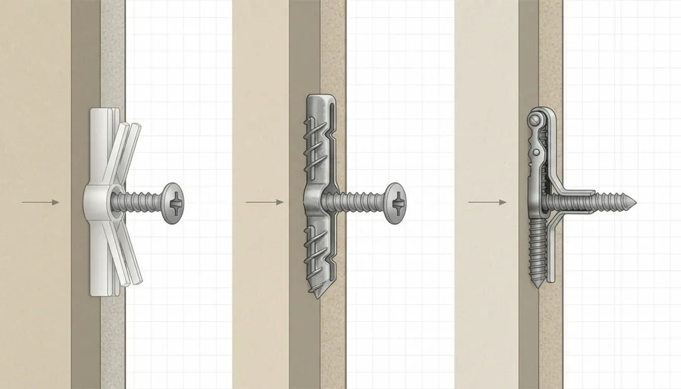 A detailed diagram comparing different types of wall anchors, including plastic expansion plugs, threaded drywall anchors, and toggle bolts, highlighting their expansion mechanisms inside a wall.