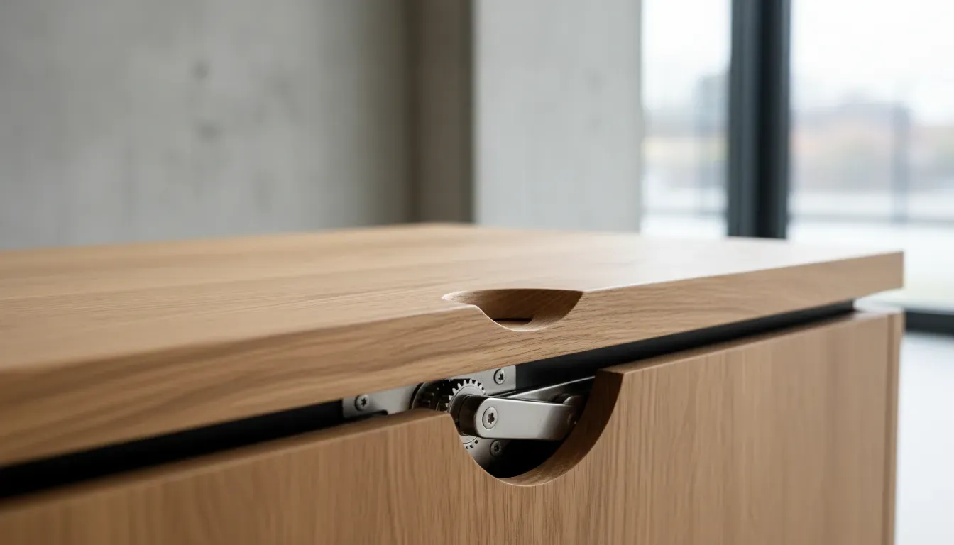 Close up of a wooden bench lid with a finger cut-out and soft-close hinge mechanism