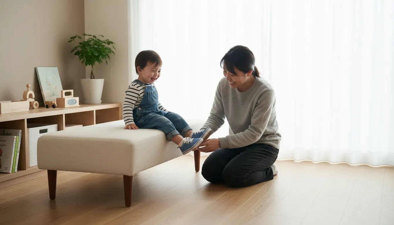 Parent helping a toddler put on shoes while sitting safely on a low cushioned bench