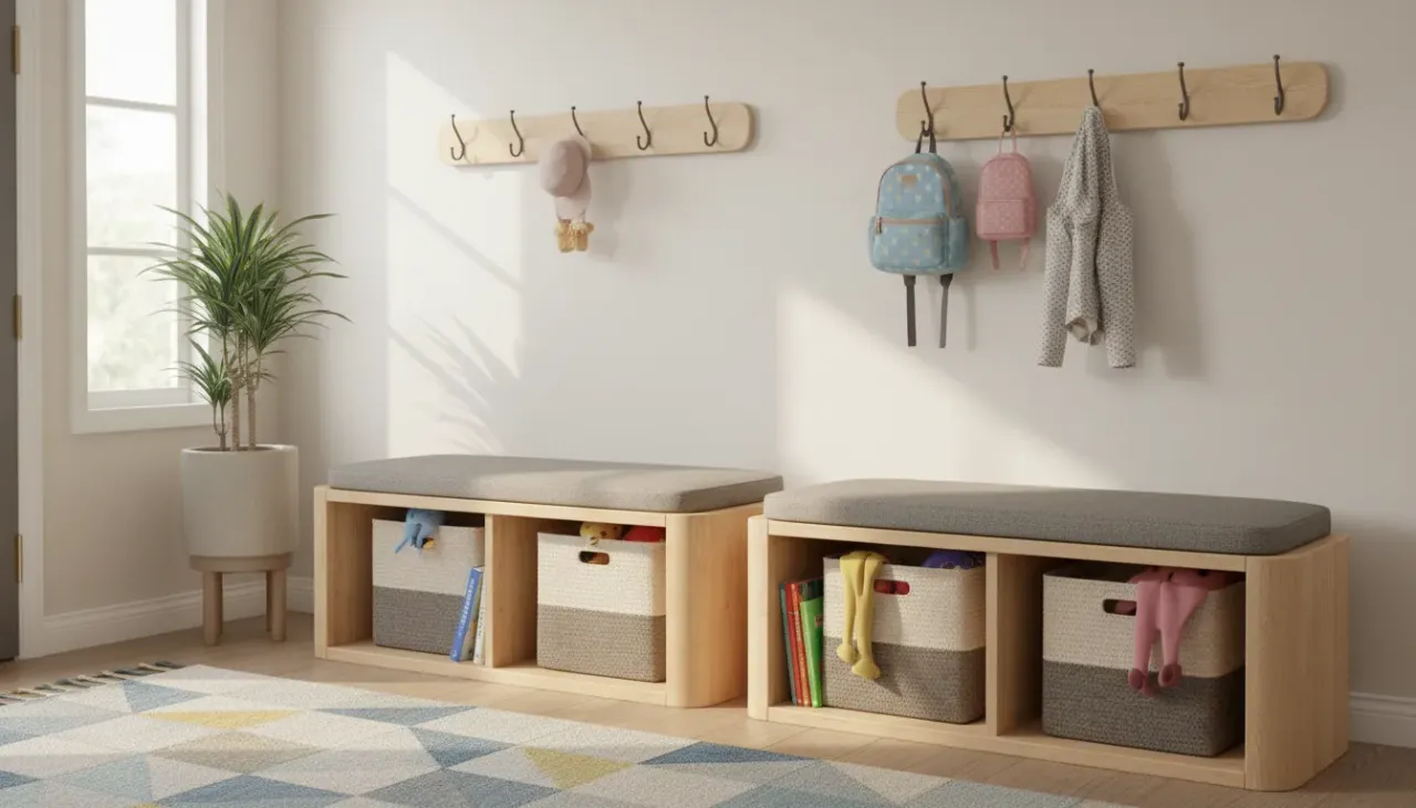 A modern entryway storage bench equipped with safety features and soft cushions in a family home
