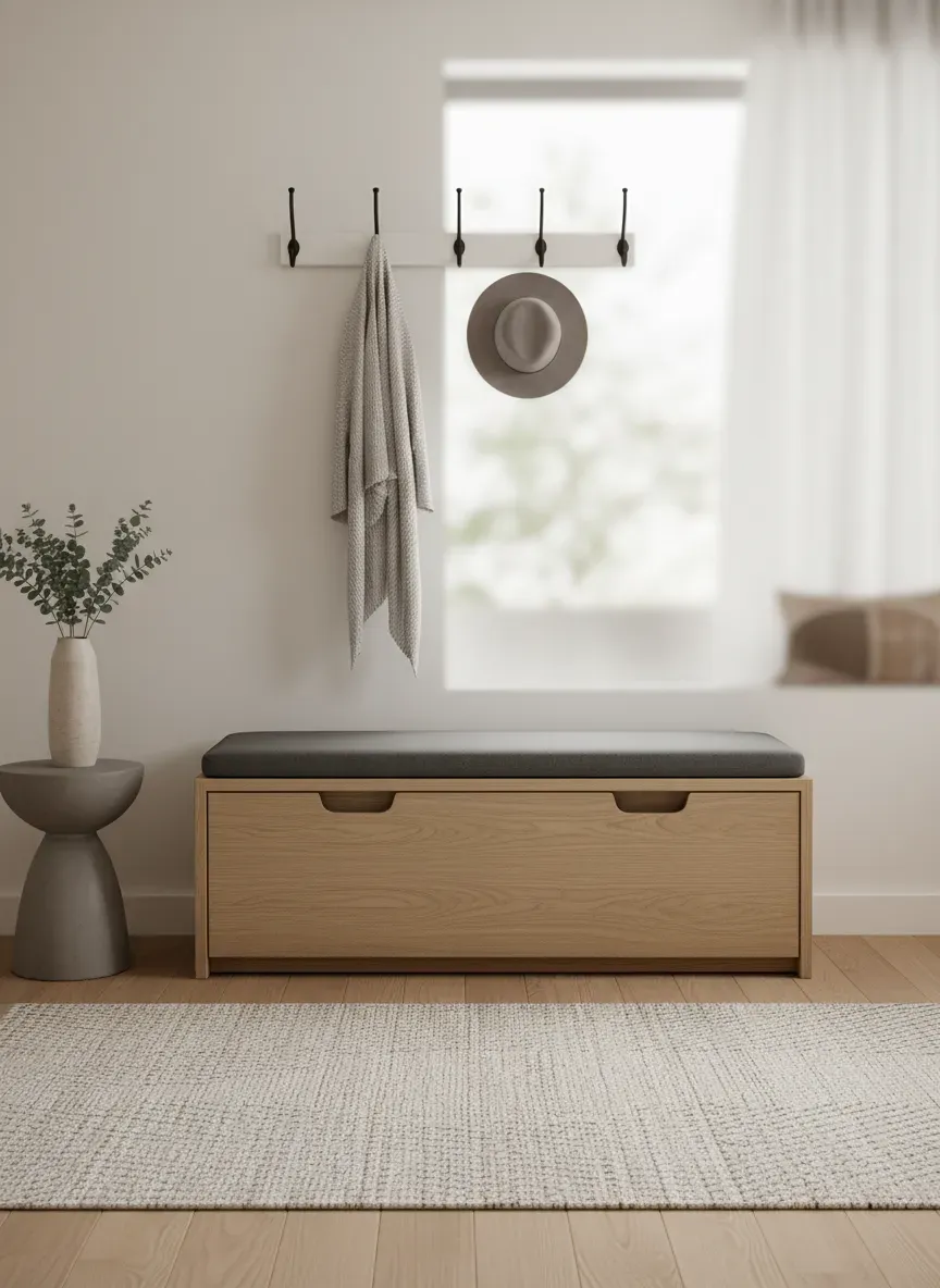 Beautifully styled entryway featuring a storage bench, overhead hooks, and a grounding runner rug