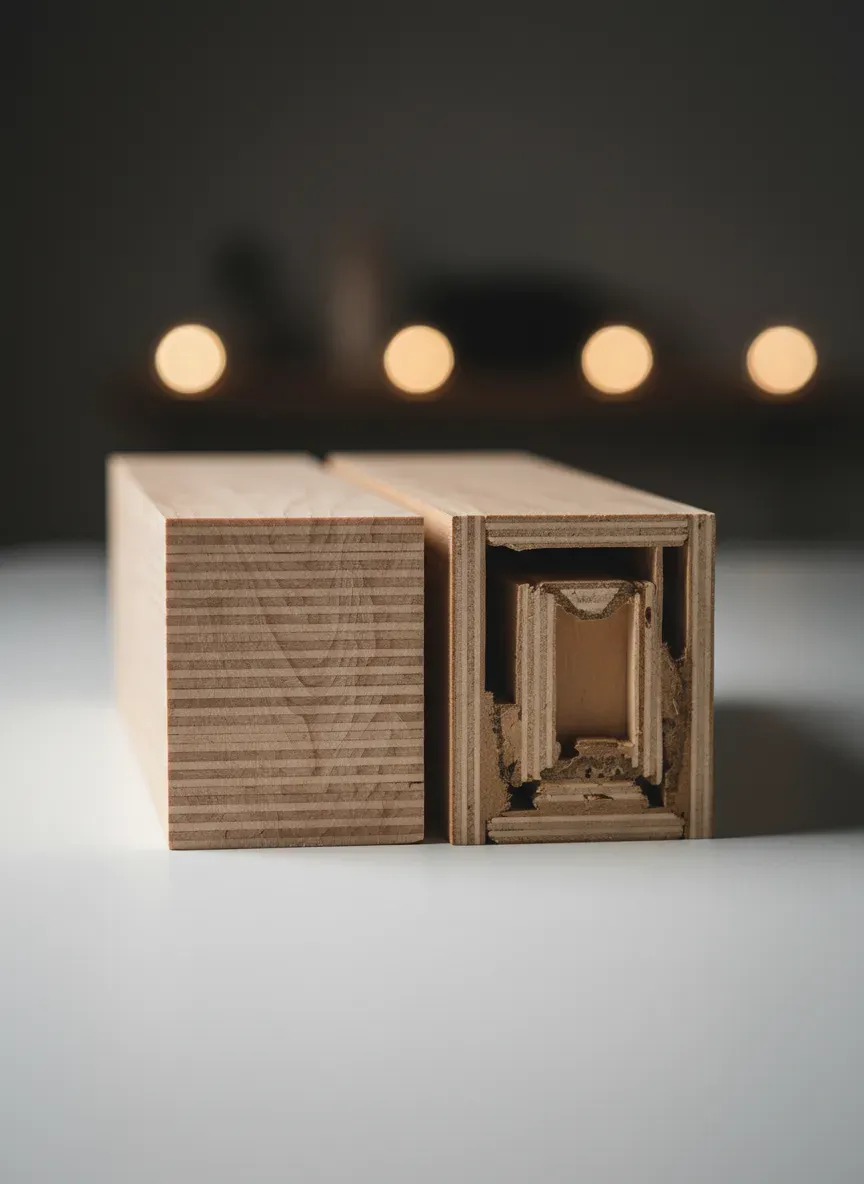 Cross section comparison of Baltic Birch plywood versus standard big box store plywood showing void differences