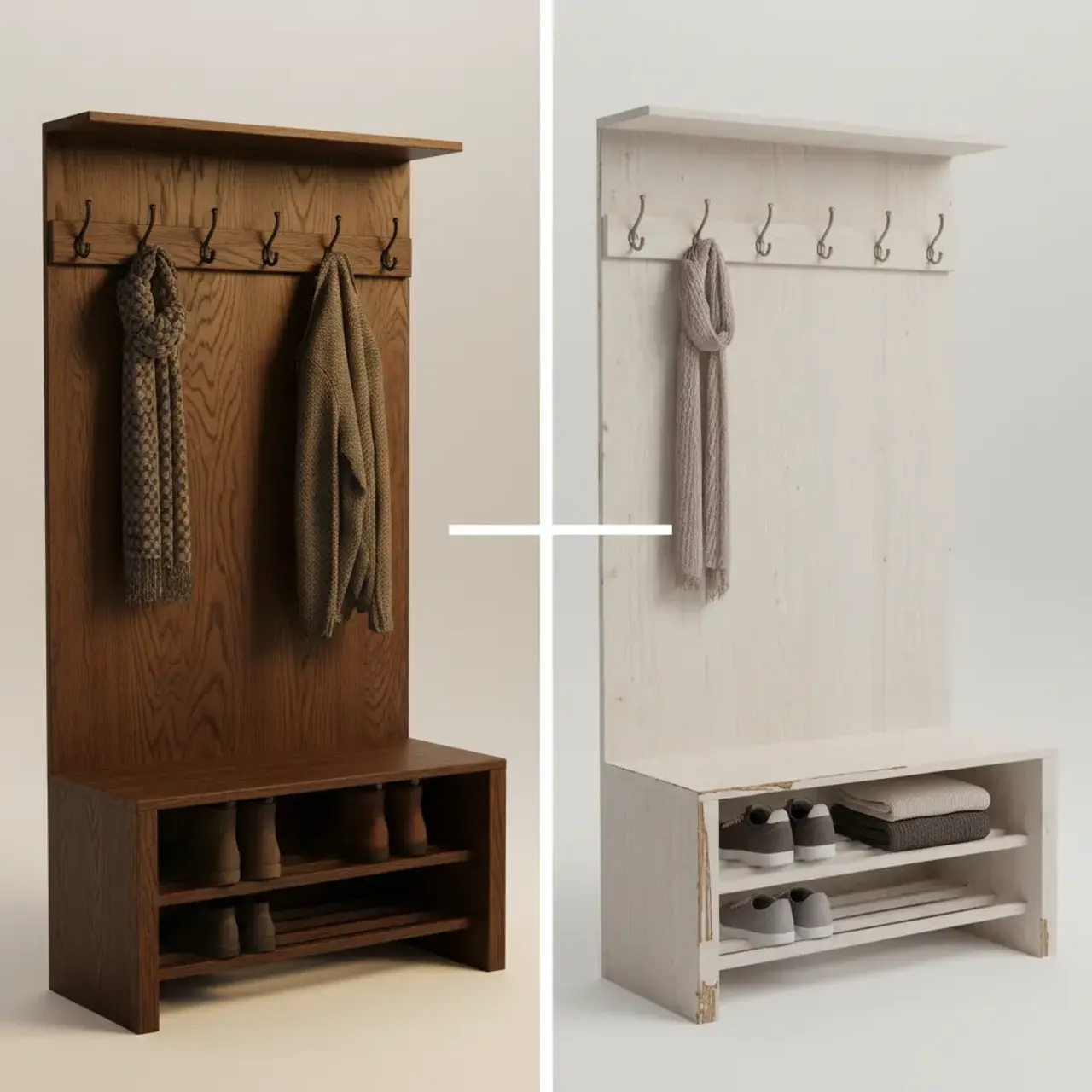 A comparison image showing a high-quality solid wood hall tree next to a modern particleboard entryway unit