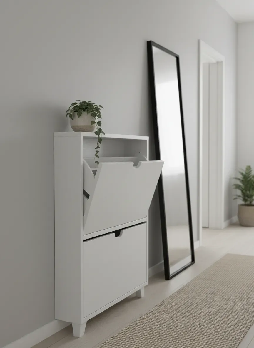 A modern, slim tilt-out shoe cabinet in a narrow hallway with minimalist decor