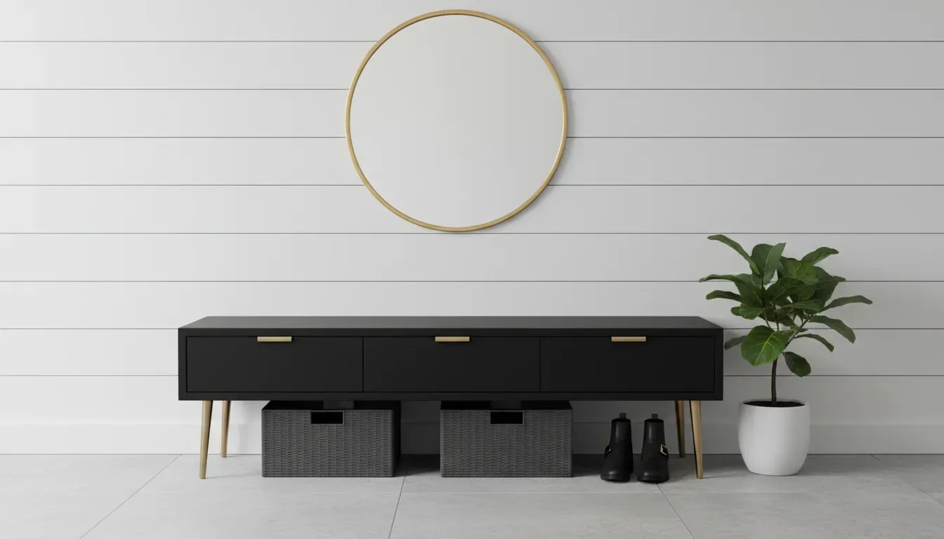 A sleek black entryway bench with gold hardware situated against a white shiplap wall
