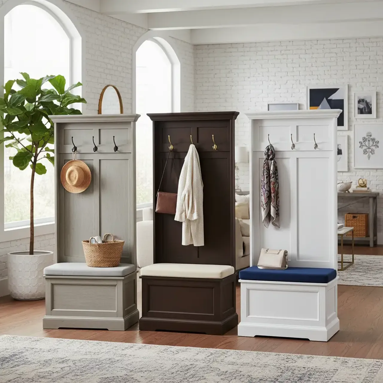 A beautifully styled entryway featuring a neutral-toned hall tree that complements the surrounding interior decor.