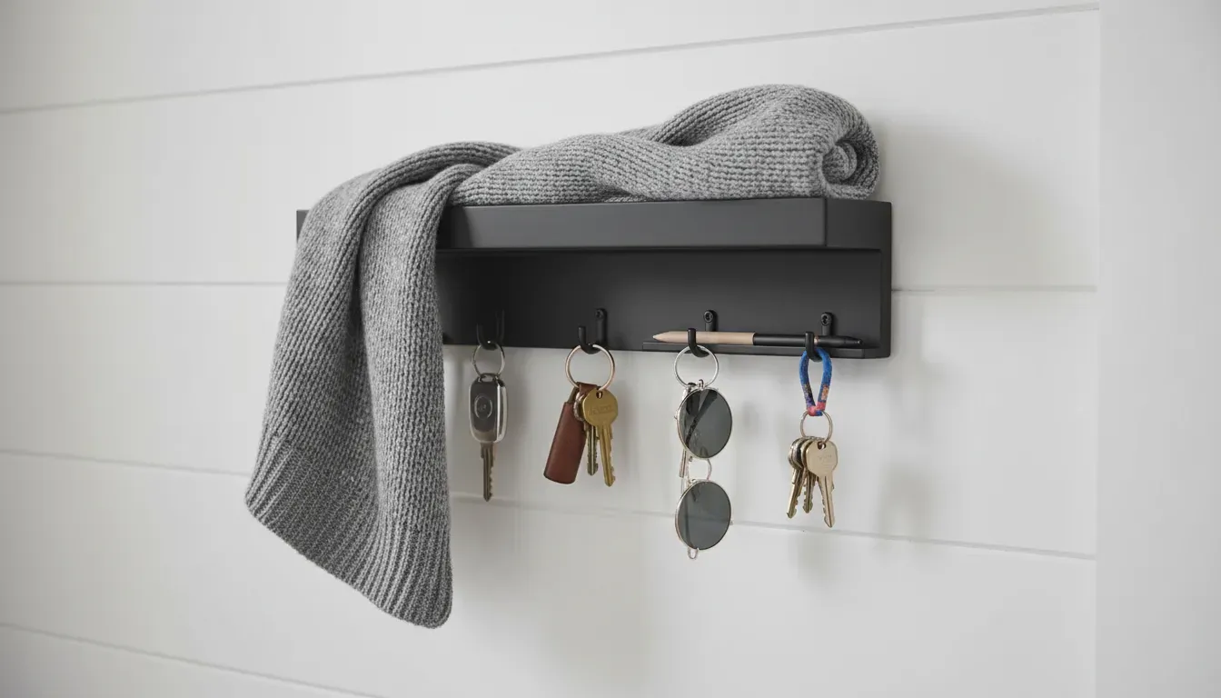 A close-up detail shot of a matte black entryway organizer mounted on white shiplap, holding keys and a scarf