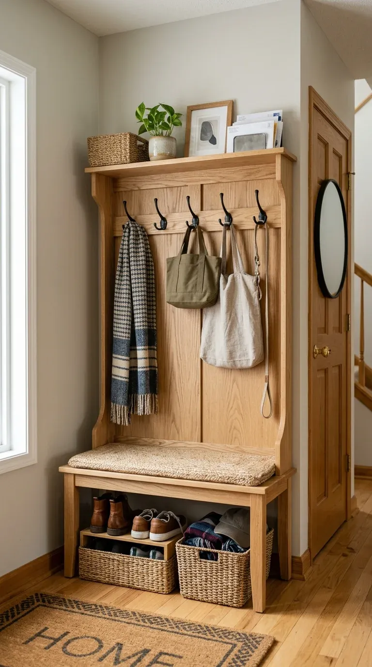 Original Photography: Real-world entryway setup with natural oak finish
