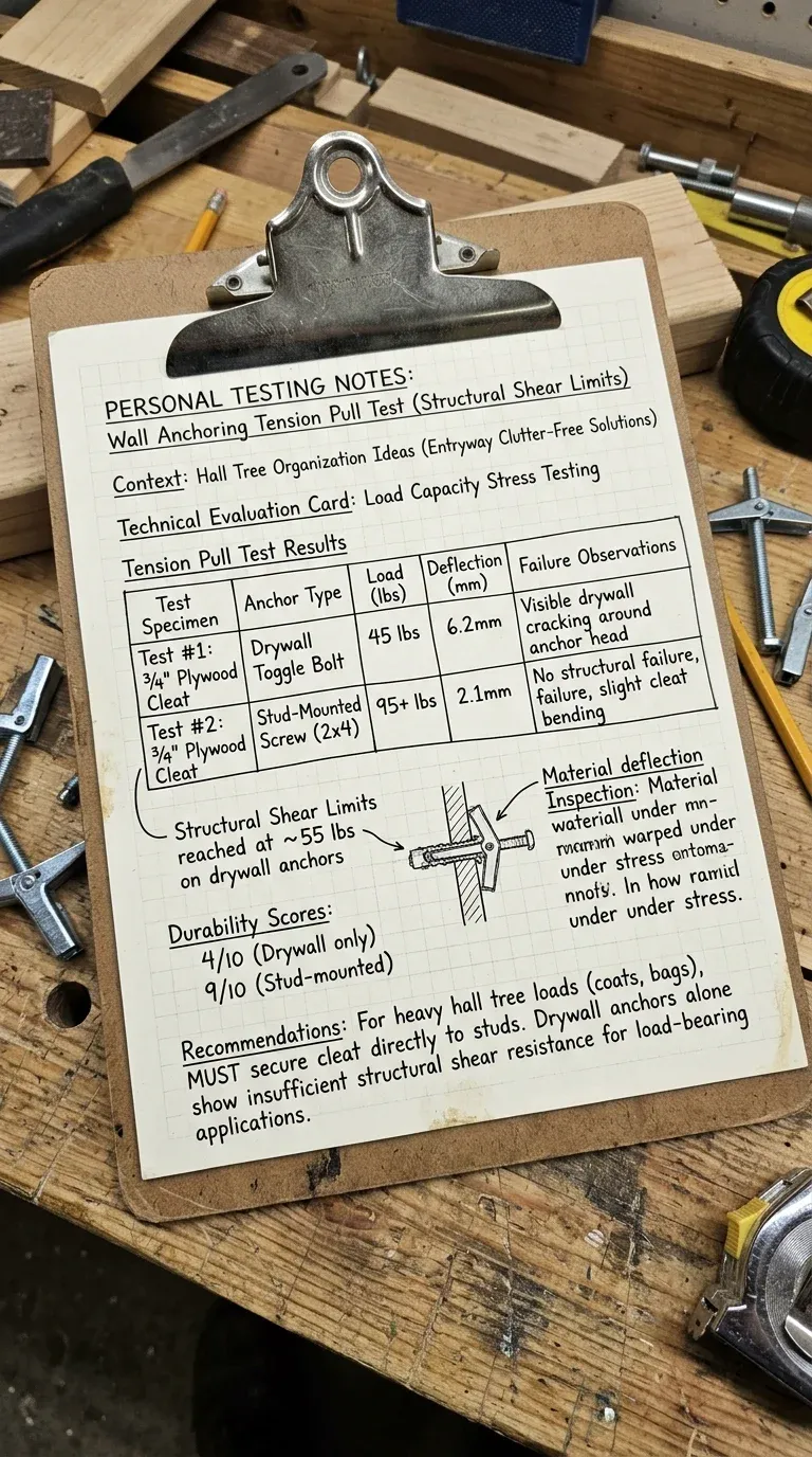 Personal Testing Notes: Wall anchoring tension pull test showing structural shear limits