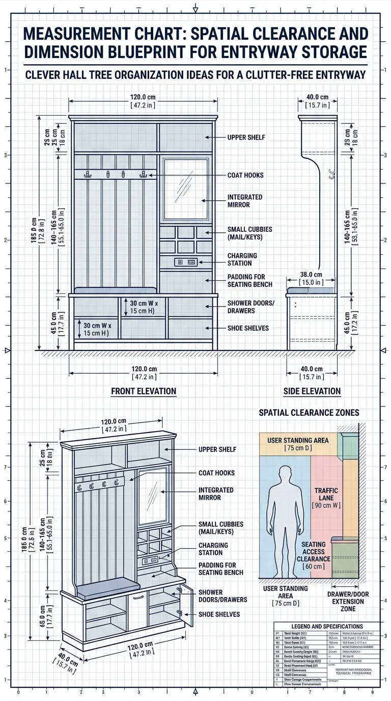 Measurement Chart: Spatial clearance and dimension blueprint for entryway storage