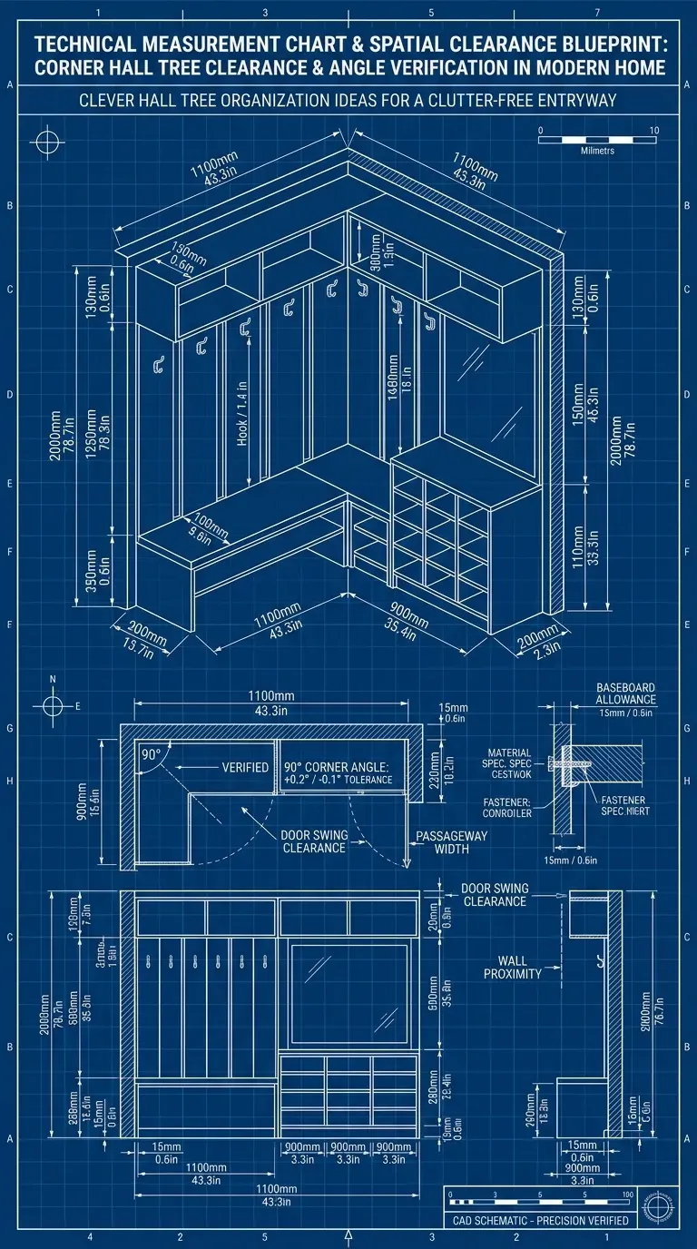 Original Photography: Corner hall tree clearance and angle verification in modern home