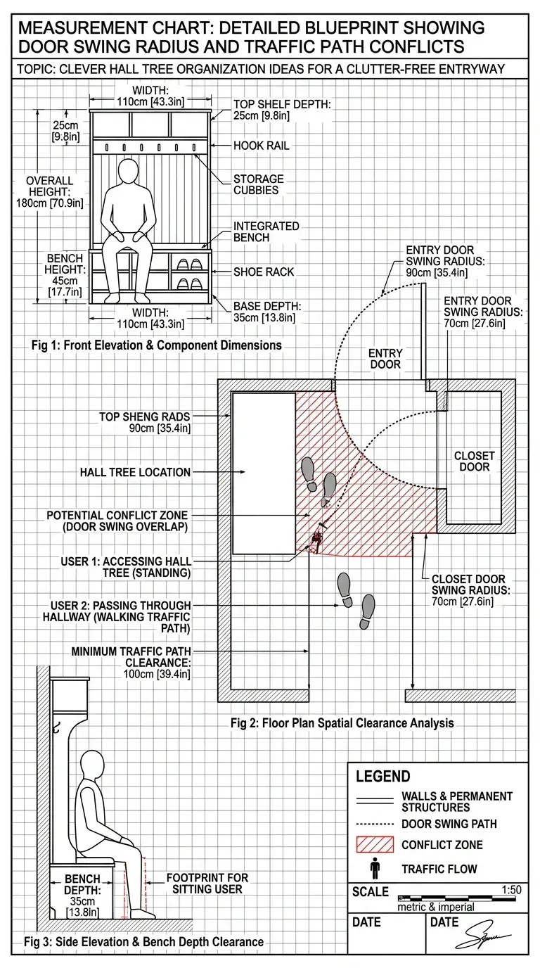 Measurement Chart: Detailed blueprint showing door swing radius and traffic path conflicts