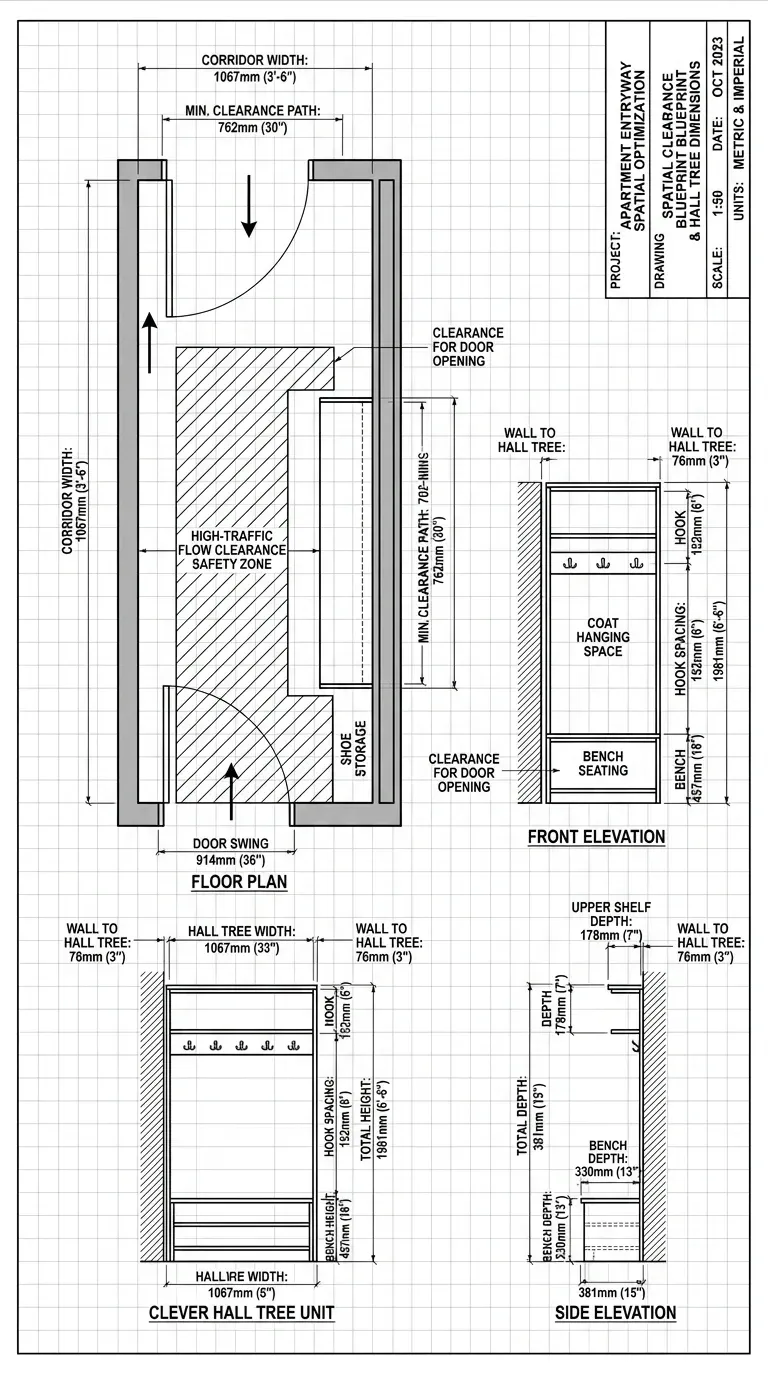 Original Photography: Narrow apartment entryway demonstrating high-traffic flow clearance safety