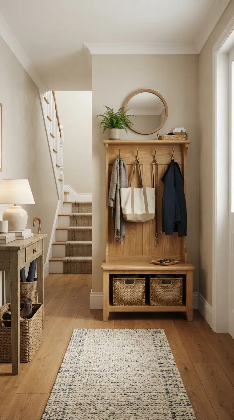 Original Photography: Fully styled entryway hall tree with doors closed, presenting a clean and tidy space