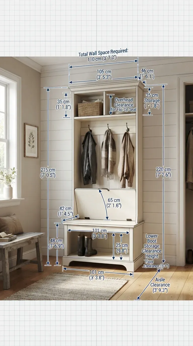 Measurement Chart: Spatial clearance and dimension blueprint for entryway storage