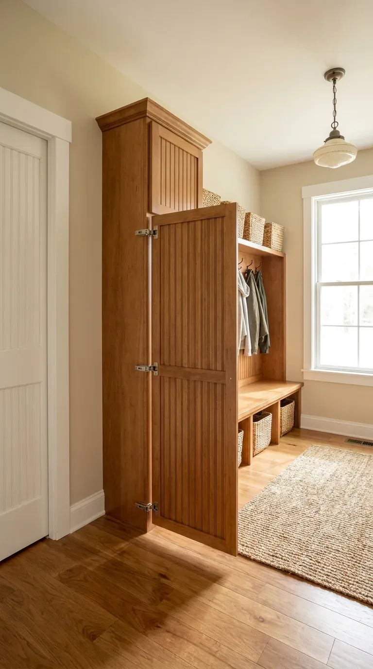 Original Photography: Close-up of Euro-style hinges and beadboard door panels