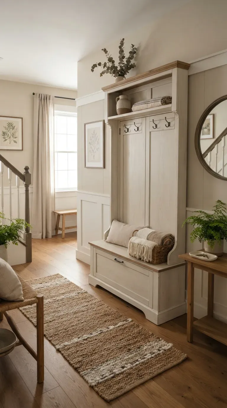 Original Photography: Industrial steel-framed hall tree with open shoe storage and closed upper cabinet