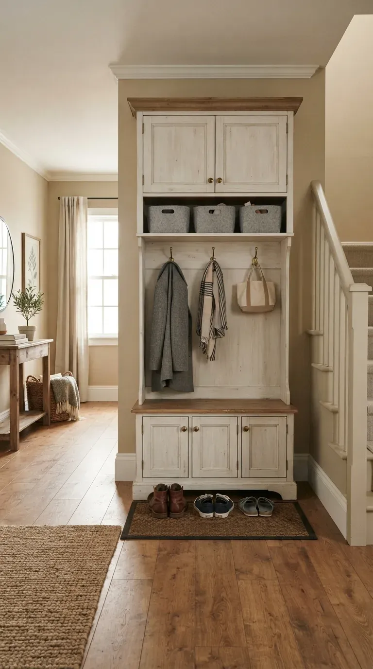 Original Photography: Interior view of closed-door cabinet with organized felt bins on shelves