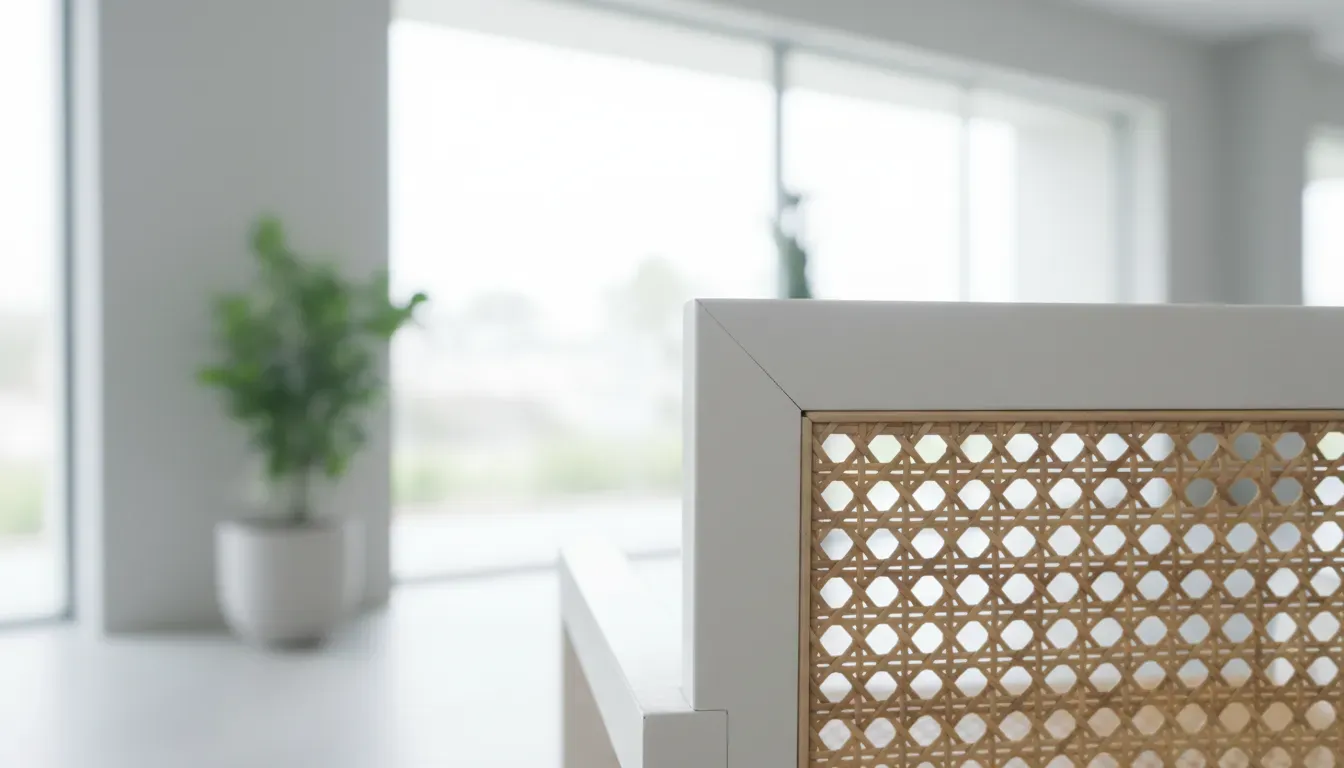 Close up detail of rattan weave texture on a white wooden bench frame