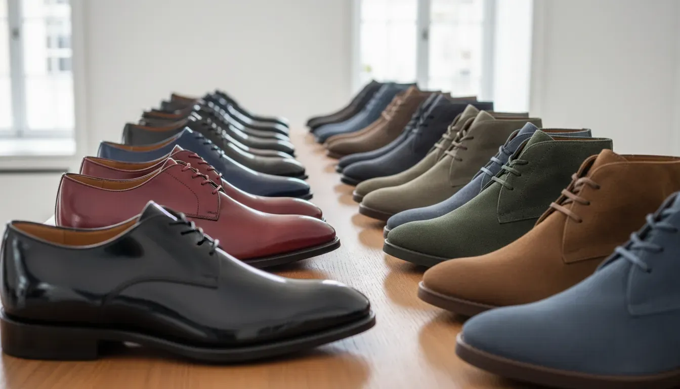 A detailed close-up of patent leather and suede shoes arranged by texture on a wooden shelf