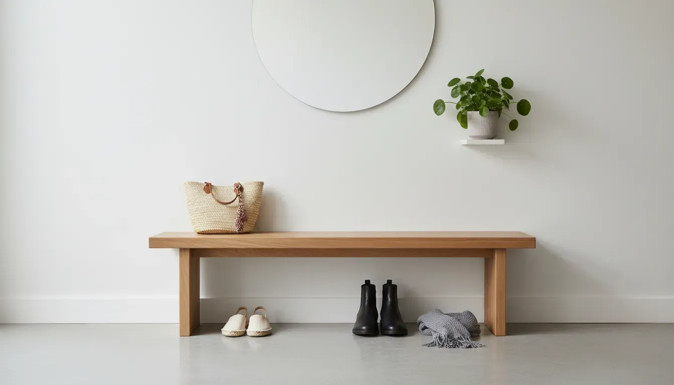 A minimalist entryway bench with a small, curated selection of seasonal shoes underneath
