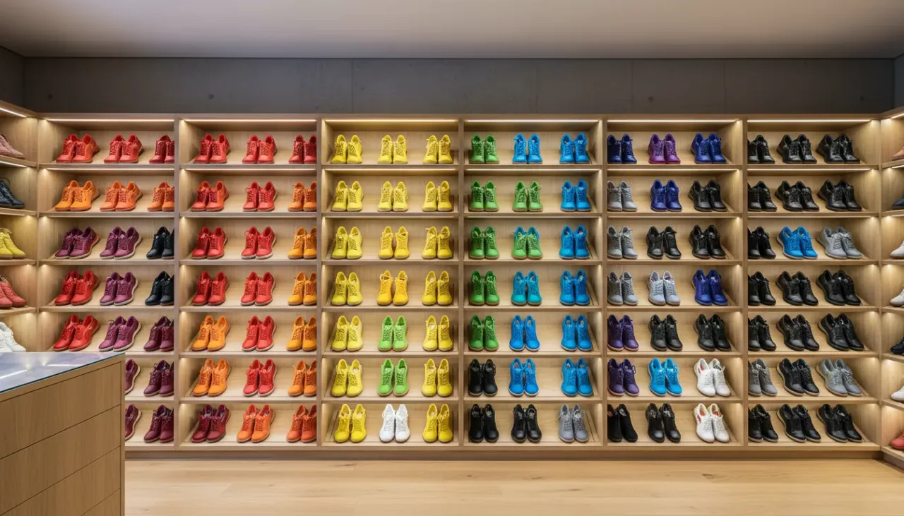 A pristine walk-in closet featuring a floor-to-ceiling shoe shelving unit organized by a color gradient from white to black