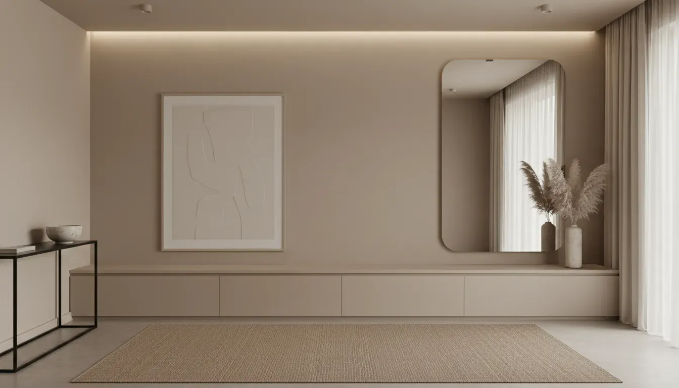 A monochromatic entryway featuring a beige storage bench painted to match the beige walls, creating a seamless and expansive look.