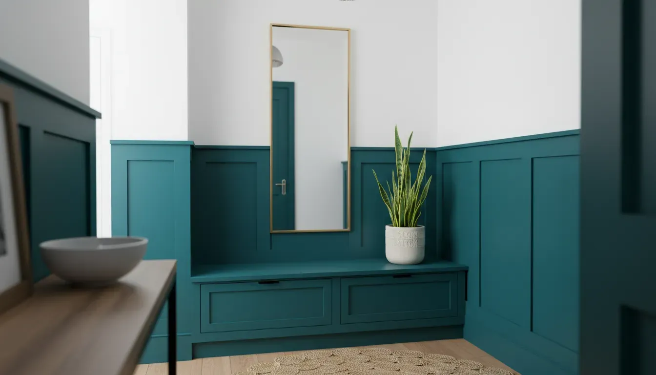 A small foyer demonstrating vertical color blocking with dark teal wainscoting and storage below, and bright white walls above to enhance height.