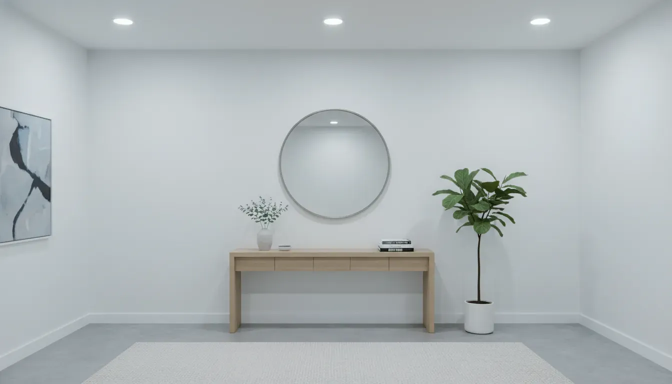 A bright entryway featuring a light oak console table, a large mirror reflecting light, and 5000K lighting to create a crisp, expansive atmosphere.