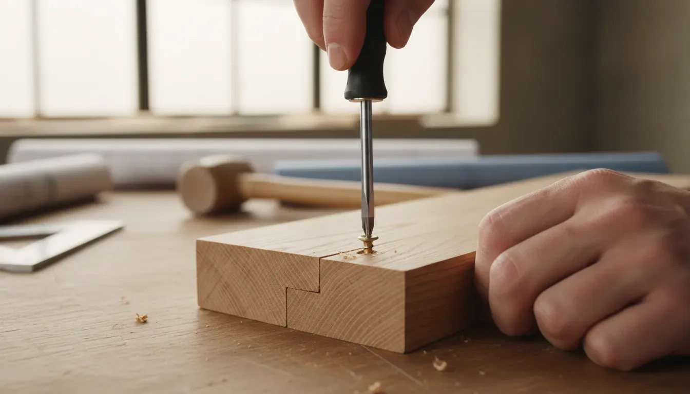 Close up of hands using a manual screwdriver on a wooden bench joint