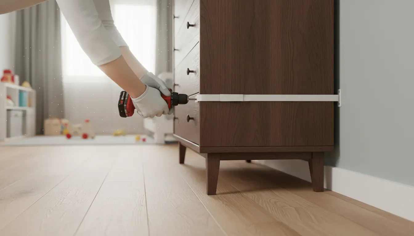 Child safety strap being installed on the back of a furniture piece