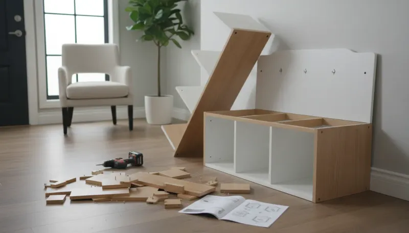 A partially assembled wooden entryway bench with storage compartments, surrounded by tools and hardware on a clean floor.